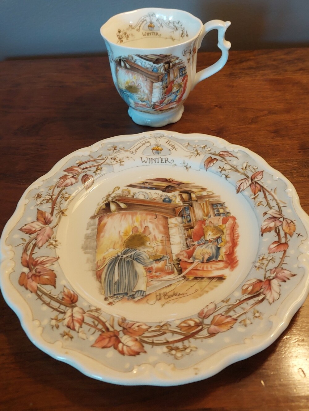 Royal Doulton Winter Scene Porcelain Plate and Cup - Cream, Brown, Gold